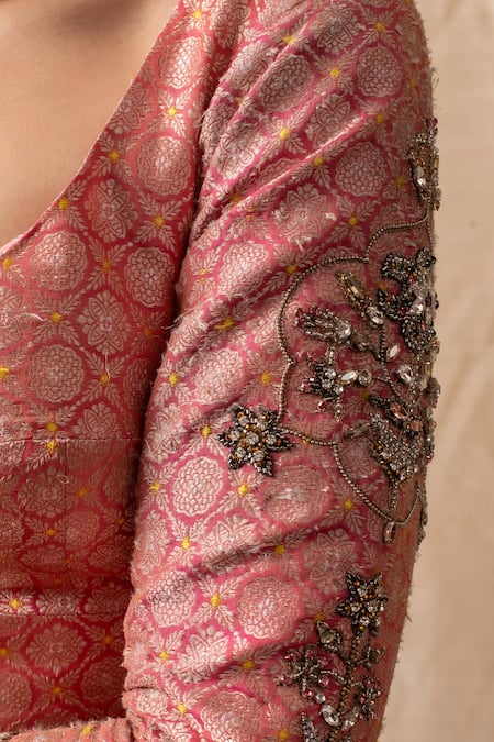 Shop Priyanka Raajiv Coral Silk, Brocade Crystals, Sequins Asymmetric Embroidered Blouse Shop_Priyanka Raajiv_Coral Silk, Brocade Crystals, Sequins Asymmetric Embroidered Blouse