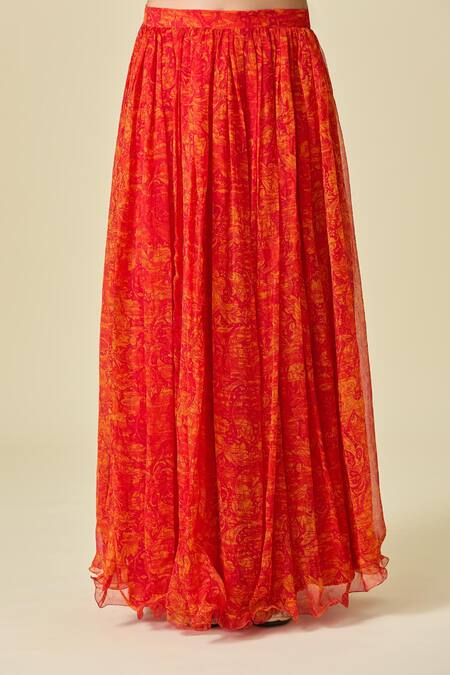 Naintara Bajaj_Orange Chiffon V-neck Floral Printed Lehenga Set _at_Aza_Fashions
