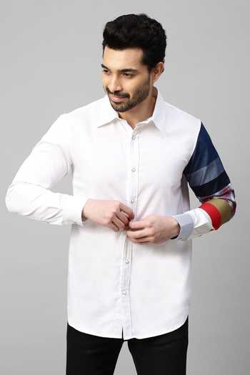 Echke_White Cotton Patchwork Sleeve Shirt _Online_at_Aza_Fashions