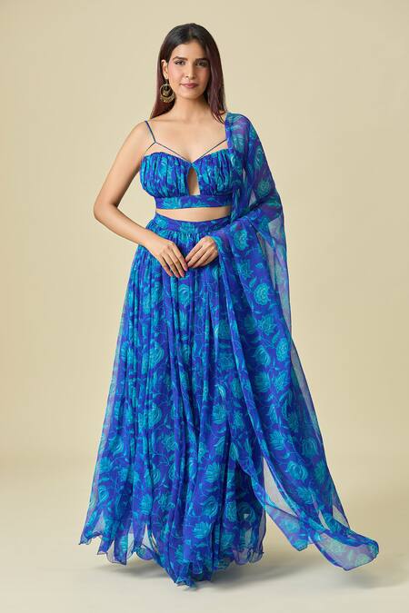 Buy_Naintara Bajaj_Blue Chiffon Embroidery V-neck Floral Print Pleated Lehenga Set _Online_at_Aza_Fashions