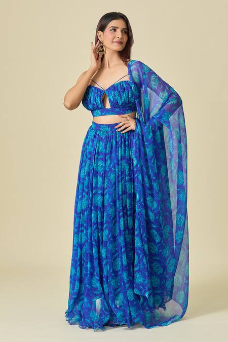 Shop_Naintara Bajaj_Blue Chiffon Embroidery V-neck Floral Print Pleated Lehenga Set _Online_at_Aza_Fashions