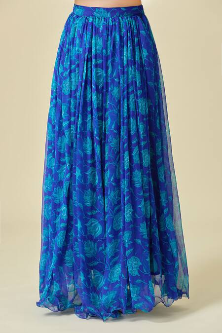 Buy_Naintara Bajaj_Blue Chiffon Embroidery V-neck Floral Print Pleated Lehenga Set 