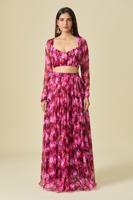 Shop Naintara Bajaj Magenta Chiffon Embroidery Open Neck Floral Print Lehenga Set Online at Aza Fashions Shop_Naintara Bajaj_Magenta Chiffon Embroidery Open Neck Floral Print Lehenga Set _Online_at_Aza_Fashions