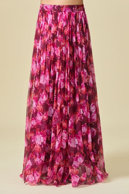 Buy Naintara Bajaj Magenta Chiffon Embroidery Open Neck Floral Print Lehenga Set Buy_Naintara Bajaj_Magenta Chiffon Embroidery Open Neck Floral Print Lehenga Set