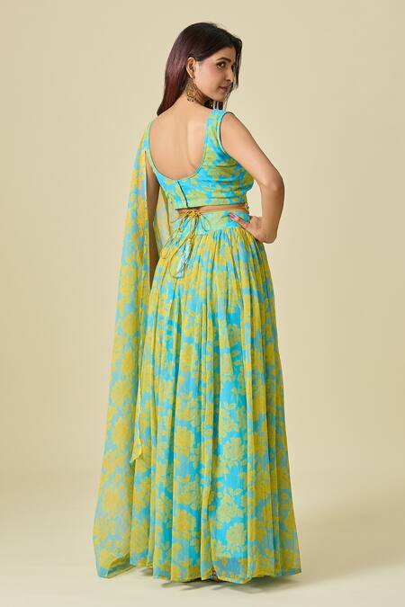 Shop Naintara Bajaj Yellow Chiffon Cut Work, Beads, Pearls Scoop Neck Floral Print Lehenga Set at Aza Fashions Shop_Naintara Bajaj_Yellow Chiffon Cut Work, Beads, Pearls Scoop Neck Floral Print Lehenga Set _at_Aza_Fashions