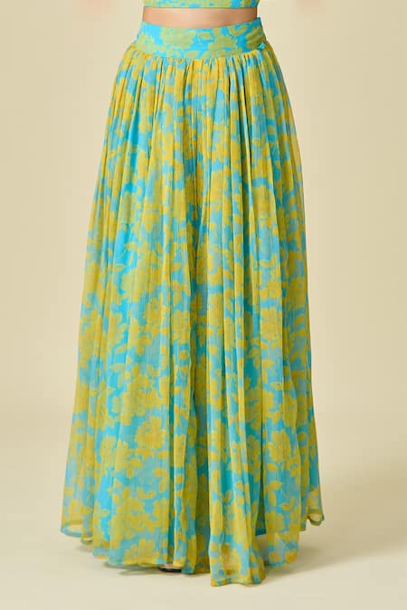 Shop Naintara Bajaj Yellow Chiffon Cut Work, Beads, Pearls Scoop Neck Floral Print Lehenga Set Online at Aza Fashions Shop_Naintara Bajaj_Yellow Chiffon Cut Work, Beads, Pearls Scoop Neck Floral Print Lehenga Set _Online_at_Aza_Fashions