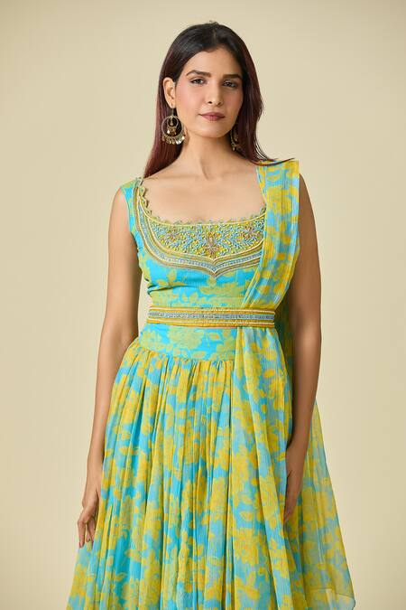 Buy Naintara Bajaj Yellow Chiffon Cut Work, Beads, Pearls Scoop Neck Floral Print Lehenga Set Buy_Naintara Bajaj_Yellow Chiffon Cut Work, Beads, Pearls Scoop Neck Floral Print Lehenga Set