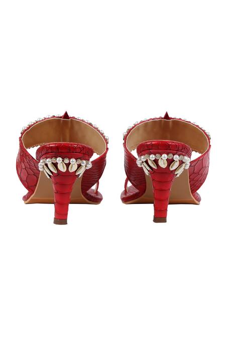 PREET KAUR_Red Beads, Cut Work Embroidered Faux Leather Kolhapuri Heels_Online_at_Aza_Fashions