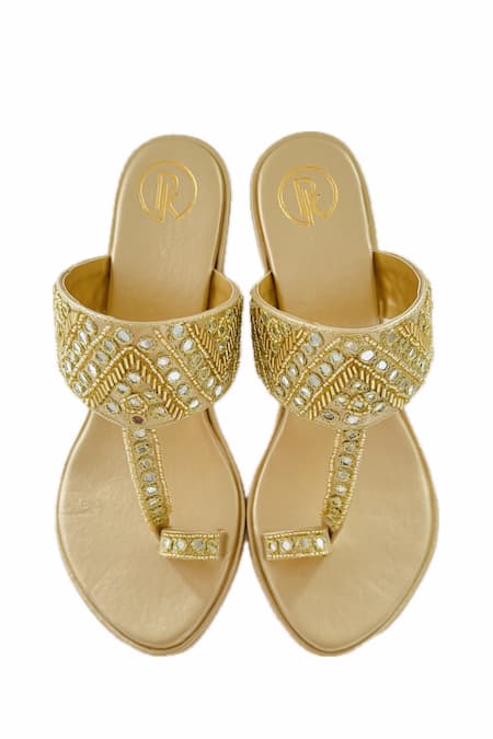Shop Preet Kaur Gold Embroidery Sheesha Kolhapuri Block Heels at Aza Fashions Shop_Preet Kaur_Gold Embroidery Sheesha Kolhapuri Block Heels _at_Aza_Fashions