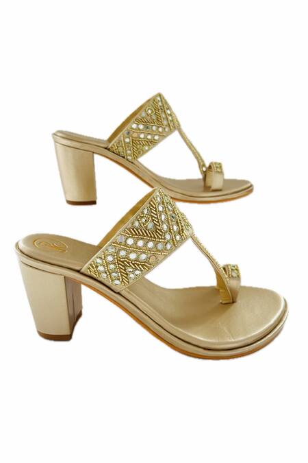 Shop Preet Kaur Gold Embroidery Sheesha Kolhapuri Block Heels Online at Aza Fashions Shop_Preet Kaur_Gold Embroidery Sheesha Kolhapuri Block Heels _Online_at_Aza_Fashions