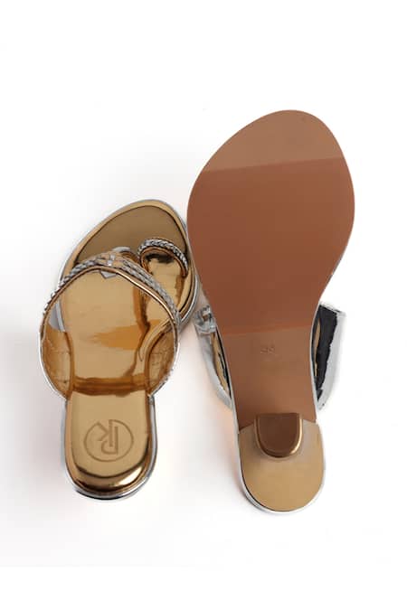 Shop Preet Kaur Silver Embroidery Two Tone Braided Strap Kolhapuri Block Heels at Aza Fashions Shop_Preet Kaur_Silver Embroidery Two Tone Braided Strap Kolhapuri Block Heels _at_Aza_Fashions