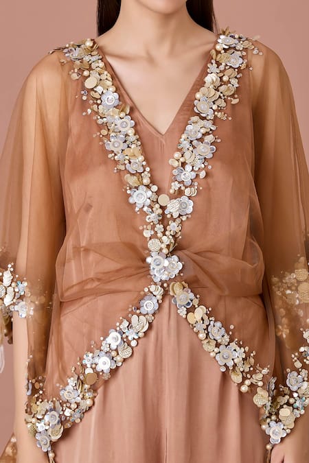 Dilnaz_Brown Net, Silk Satin Sequins, Embroidery V-neck Kaftan Jumpsuit_Online_at_Aza_Fashions