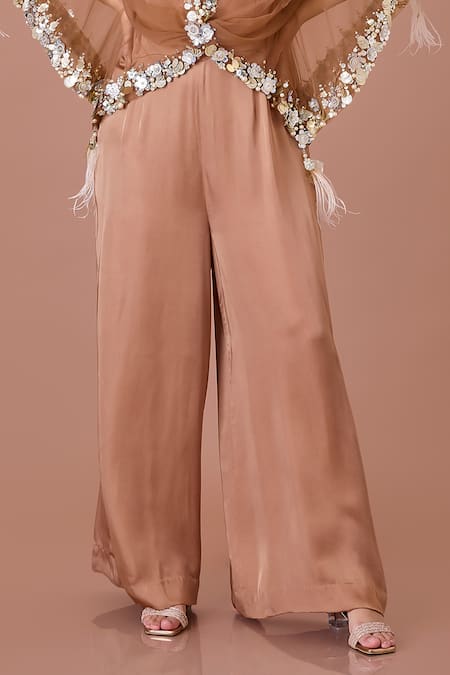 Buy_Dilnaz_Brown Net, Silk Satin Sequins, Embroidery V-neck Kaftan Jumpsuit_Online_at_Aza_Fashions