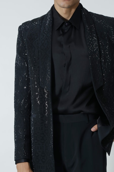 Buy_Chhaya Mehrotra_Black Silk Satin Plain Shirt _Online_at_Aza_Fashions