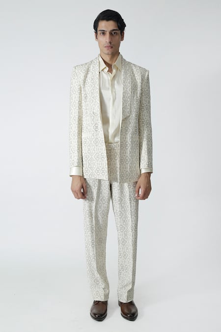 Chhaya Mehrotra_Ivory , Satin Rhinestones Embellished Jacket Pant Set _Online_at_Aza_Fashions