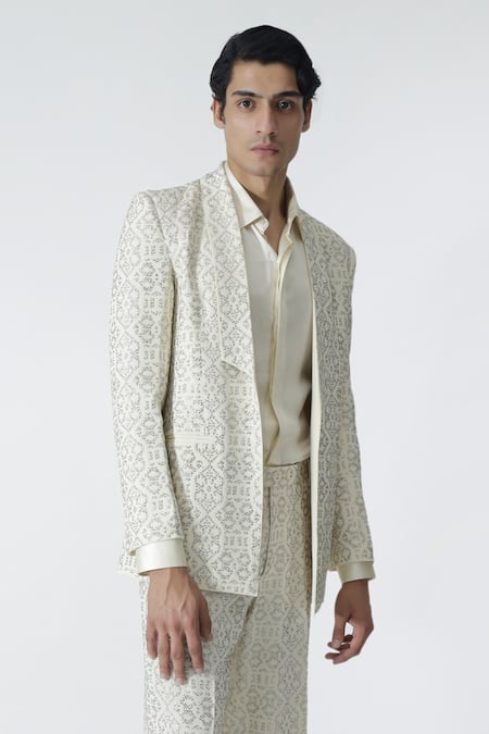 Buy_Chhaya Mehrotra_Ivory , Satin Rhinestones Embellished Jacket Pant Set _Online_at_Aza_Fashions