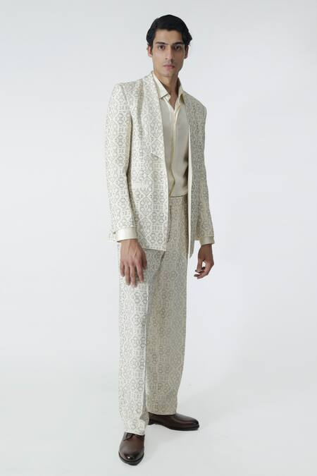 Shop_Chhaya Mehrotra_Ivory , Satin Rhinestones Embellished Jacket Pant Set _Online_at_Aza_Fashions
