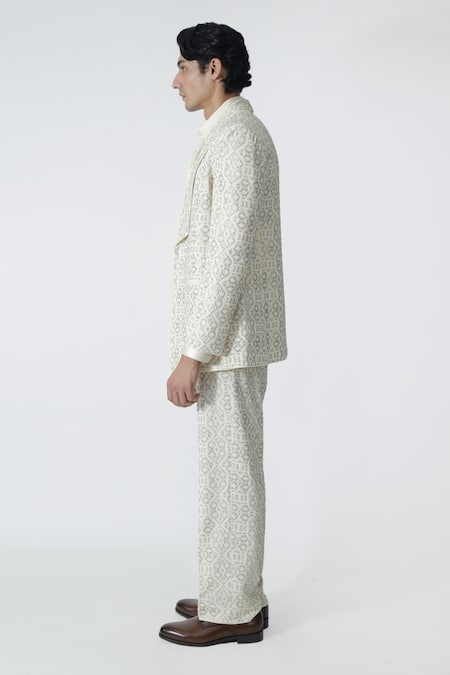 Chhaya Mehrotra_Ivory , Satin Rhinestones Embellished Jacket Pant Set _at_Aza_Fashions