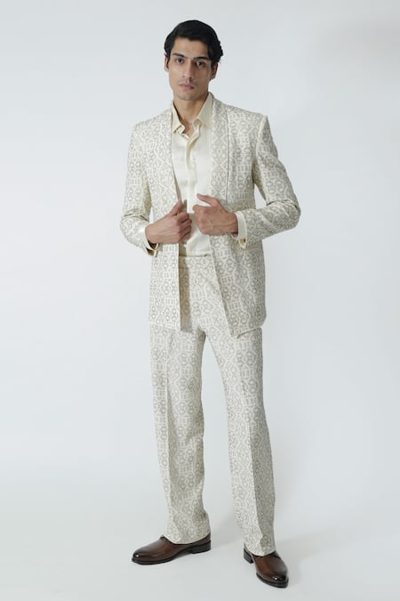 Buy_Chhaya Mehrotra_Ivory , Satin Rhinestones Embellished Jacket Pant Set 