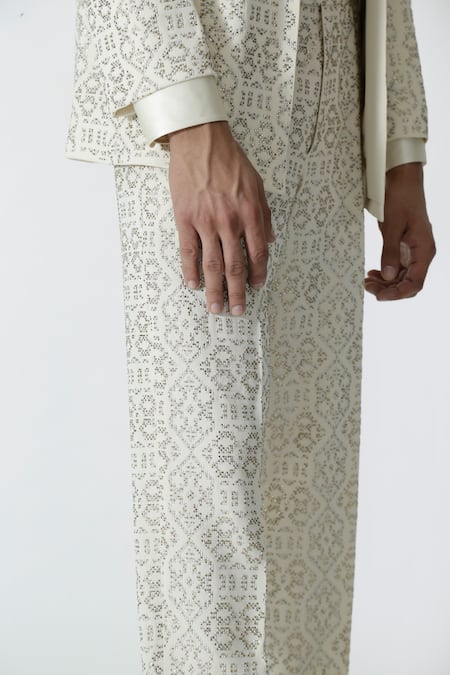 Shop_Chhaya Mehrotra_Ivory , Satin Rhinestones Embellished Jacket Pant Set 