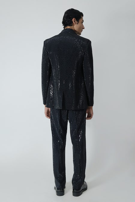 Shop_Chhaya Mehrotra_Black , Satin Rhinestones Embellished Jacket Pant Set _at_Aza_Fashions