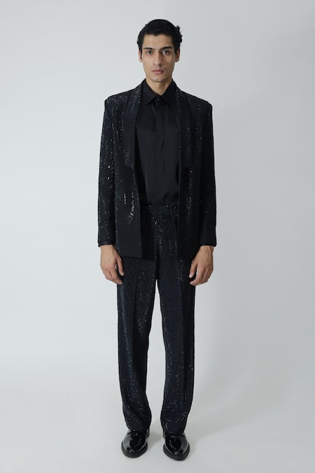 Shop_Chhaya Mehrotra_Black , Satin Rhinestones Embellished Jacket Pant Set _Online_at_Aza_Fashions