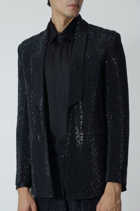 Chhaya Mehrotra_Black , Satin Rhinestones Embellished Jacket Pant Set _at_Aza_Fashions