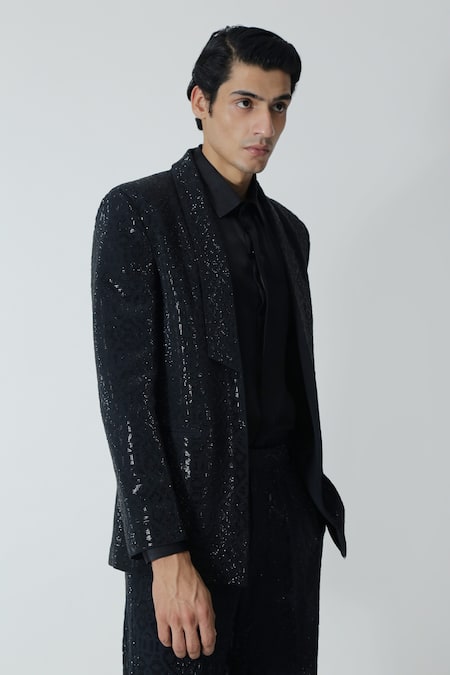 Buy_Chhaya Mehrotra_Black , Satin Rhinestones Embellished Jacket Pant Set 