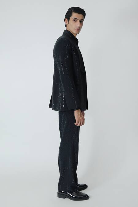 Shop_Chhaya Mehrotra_Black , Satin Rhinestones Embellished Jacket Pant Set 