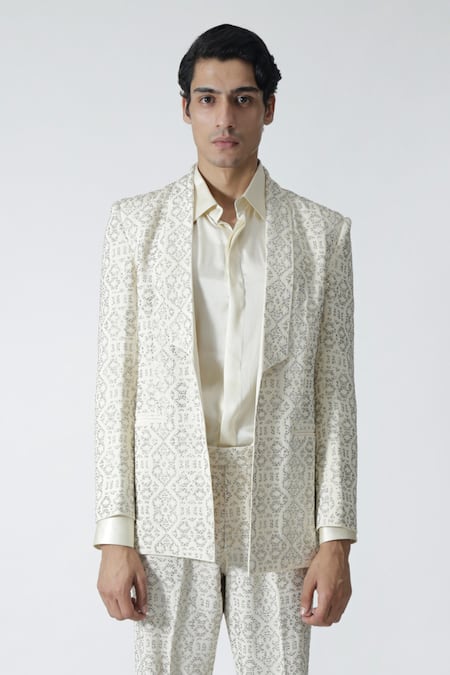 Chhaya Mehrotra_Ivory Silk Rhinestones Embellished Jacket _Online_at_Aza_Fashions
