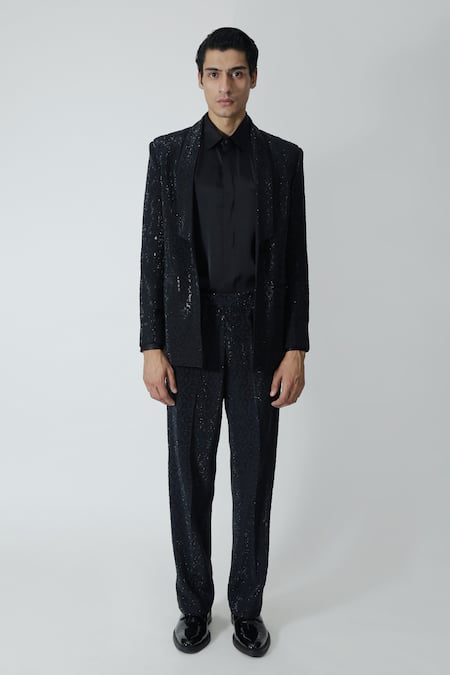 Shop_Chhaya Mehrotra_Black Silk Rhinestones Embellished Jacket _Online_at_Aza_Fashions