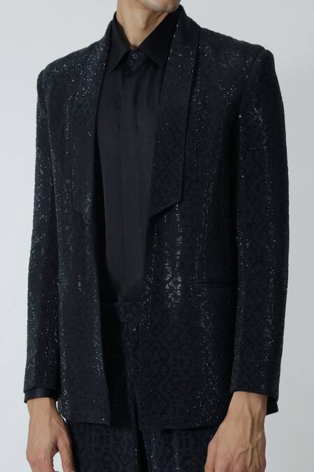 Chhaya Mehrotra_Black Silk Rhinestones Embellished Jacket _at_Aza_Fashions