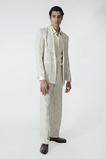 Chhaya Mehrotra_Ivory Silk, Crepe Rhinestones Embellished Pant _at_Aza_Fashions