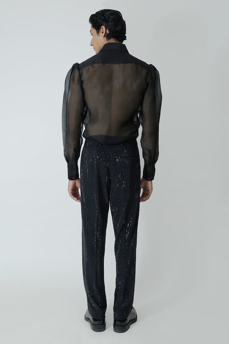 Shop_Chhaya Mehrotra_Black Organza, Rhinestones Sheer Shirt And Embellished Pant Set _at_Aza_Fashions