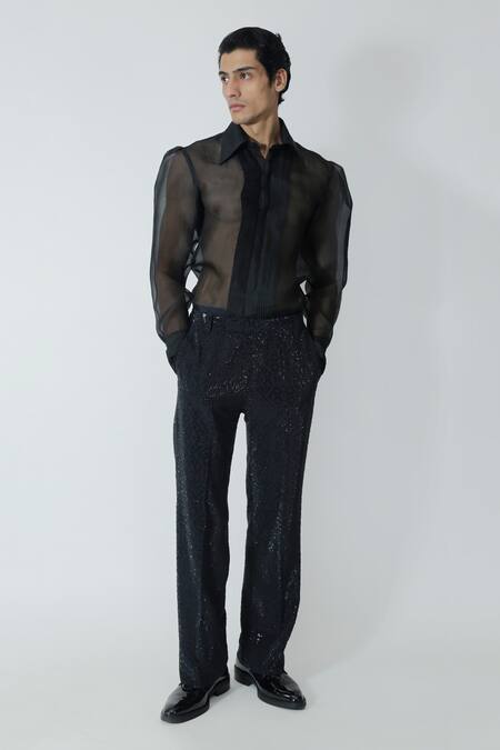 Chhaya Mehrotra_Black Organza, Rhinestones Sheer Shirt And Embellished Pant Set _Online_at_Aza_Fashions