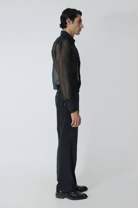 Buy_Chhaya Mehrotra_Black Organza, Rhinestones Sheer Shirt And Embellished Pant Set _Online_at_Aza_Fashions