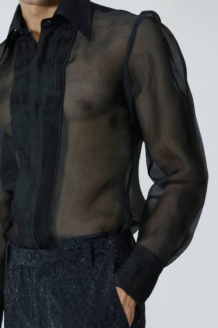 Shop_Chhaya Mehrotra_Black Organza, Rhinestones Sheer Shirt And Embellished Pant Set _Online_at_Aza_Fashions