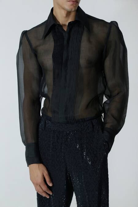 Buy_Chhaya Mehrotra_Black Organza, Rhinestones Sheer Shirt And Embellished Pant Set 
