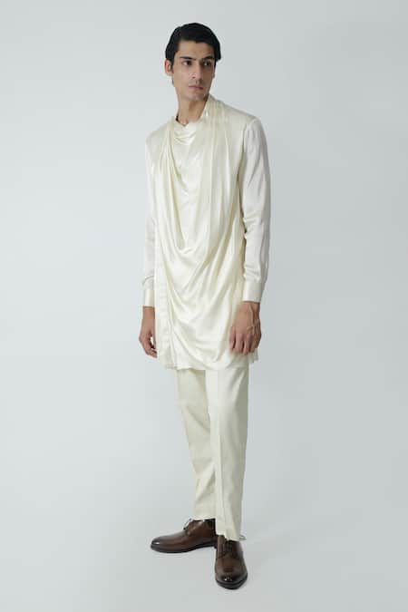 Chhaya Mehrotra_Ivory Silk Satin, Gingham Cowl Neck Kurta Set _Online_at_Aza_Fashions