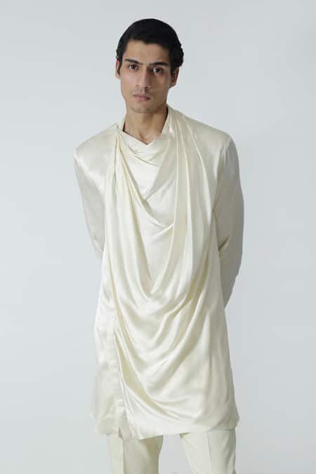 Buy_Chhaya Mehrotra_Ivory Silk Satin, Gingham Cowl Neck Kurta Set _Online_at_Aza_Fashions