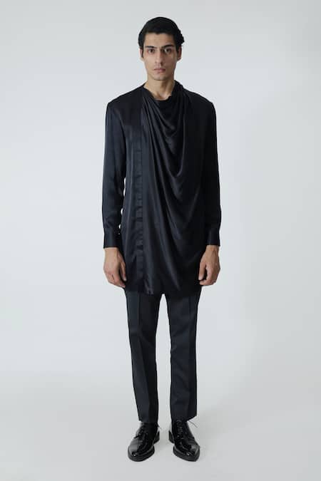 Chhaya Mehrotra_Black Silk Satin, Gingham Draped Cowl Kurta Set _Online_at_Aza_Fashions