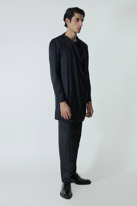 Buy_Chhaya Mehrotra_Black Silk Satin, Gingham Draped Cowl Kurta Set _Online_at_Aza_Fashions