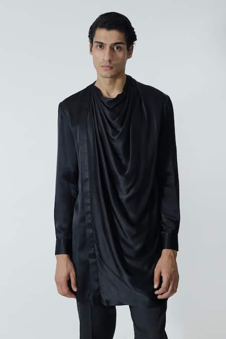 Shop_Chhaya Mehrotra_Black Silk Satin, Gingham Draped Cowl Kurta Set _Online_at_Aza_Fashions
