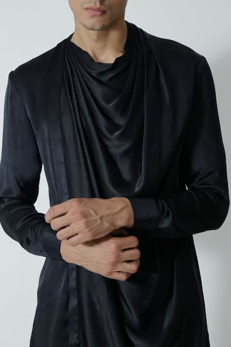 Chhaya Mehrotra_Black Silk Satin, Gingham Draped Cowl Kurta Set _at_Aza_Fashions