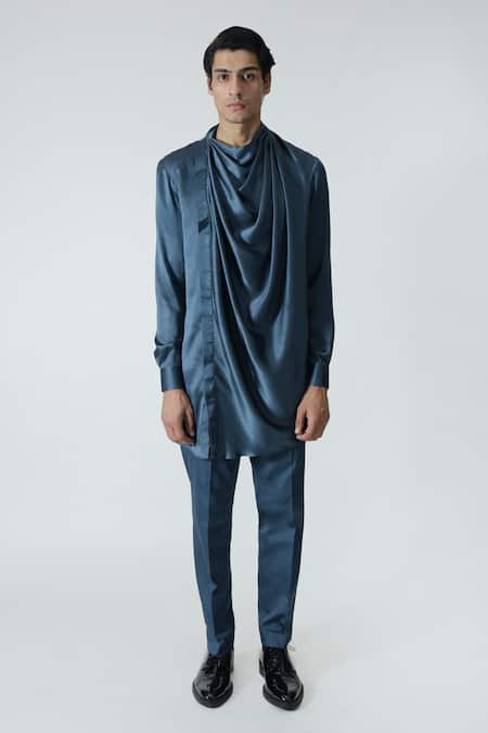 Chhaya Mehrotra_Blue Silk Satin, Gingham Cowl Draped Kurta Set _Online_at_Aza_Fashions