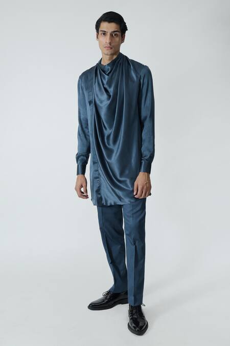 Buy_Chhaya Mehrotra_Blue Silk Satin, Gingham Cowl Draped Kurta Set _Online_at_Aza_Fashions