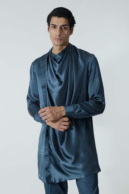 Shop_Chhaya Mehrotra_Blue Silk Satin, Gingham Cowl Draped Kurta Set _Online_at_Aza_Fashions