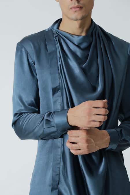 Chhaya Mehrotra_Blue Silk Satin, Gingham Cowl Draped Kurta Set _at_Aza_Fashions