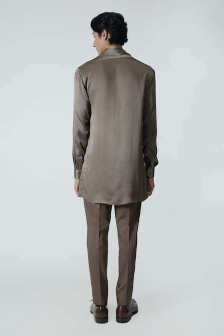 Shop_Chhaya Mehrotra_Brown Silk Satin, Gingham Cowl Neck Solid Kurta Set _at_Aza_Fashions