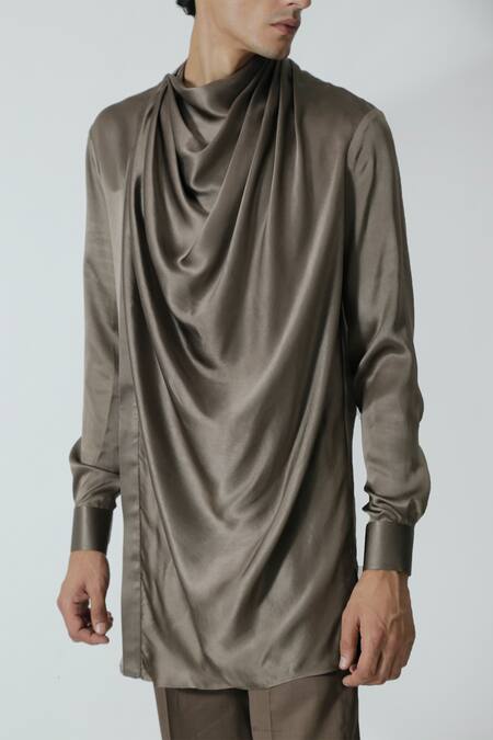 Chhaya Mehrotra_Brown Silk Satin, Gingham Cowl Neck Solid Kurta Set _Online_at_Aza_Fashions